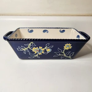 VB Bread Loaf Pan Cobalt Blue 1.5 QT 8x4.5x3 Floral Ceramic Presentable Ovenware - Picture 1 of 13