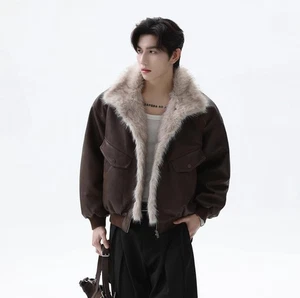 Retro Herren Echt Pelz Kragen Leder Baumwolle Daunenmantel dick warm kurze Jacken - Bild 1 von 22