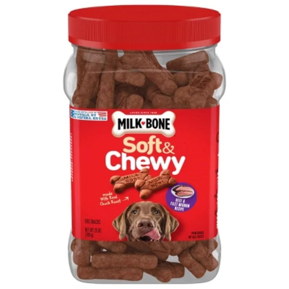Golosinas para perros bote de filete mignon masticable suave y #38 con hueso de leche -25 oz Foto 1 de 4