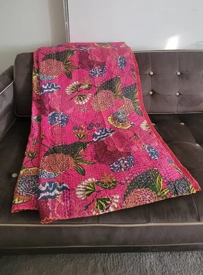 Indian Pink Floral Kantha Handmade Quilt Bedspread King Size Cotton Throw Global - Image 1 of 4