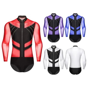 Mens Leotard Mesh Bodysuit Dance Jumpsuit Suit Glittery Long Sleeve Sheer Front - Picture 1 of 59