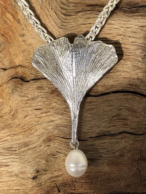 Ginkgo Blatt Anhänger 925 Silber Perle weiß Ginkgoblatt Blätter asiatisch Buddha - Bild 1 von 4