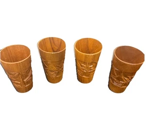 VTG Wood Carved Tiki Drinking Cups Tumblers Palm Tree Hut - Picture 1 of 7