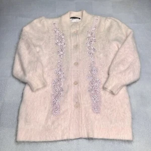 Vintage 80s Lee Sands Pink Rabbit Angora Pearl Floral Sweater Cardigan One Size - Picture 1 of 15