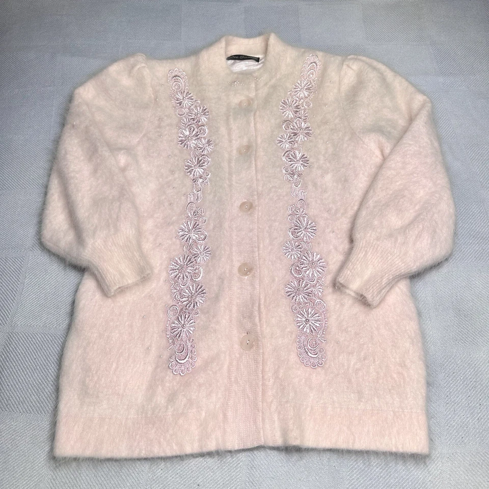 Cárdigan Suéter Floral Perla Angora Rosa Conejo Lee Sands Años 80 Talla Única Foto 1 de 4