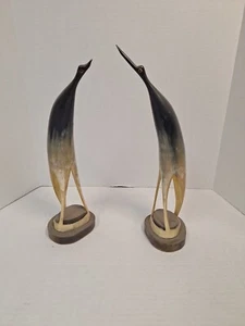 Folk Art Bird Statue Set Of 2, One Beak Broken, Carved Horn, 12 In Tall - Picture 1 of 4