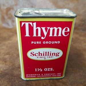 Vintage 1950s SCHILLING 1 1/2 OZ Pure Ground Thyme Empty Advertising Spice Tin