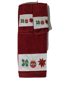 Christmas Embroidered Red Bath Hand Towel Set of 3 Red Poinsettia Home Decor  - Picture 1 of 9