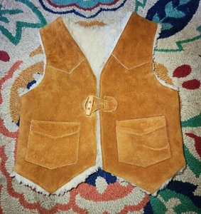 Vtg 1970s Sears Sherpa Lined Suede Vest Kids Size S Cowboy/ Cowgirl Western - Picture 1 of 5