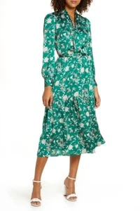 CHELSEA28 Green Floral Pussy Bow Tie Neck Satin Shirt-Dress S 4/6 (NO BELT/SASH) - Picture 1 of 6