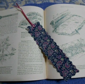 Bookmark Handmade Fabric or Cloth Navy Pink Green & Pink Ribbon - Picture 1 of 5