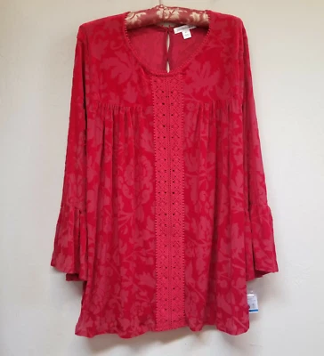 Nuevo Top Túnica John Paul Richard Mosaico Floral Tejido XL Rojo Manga Volantes Foto 1 de 4