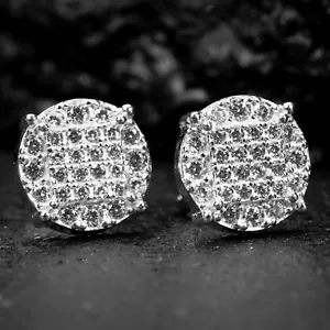 White Gold Sterling Silver Iced Cz Men's Round Hip Hop Stud Earrings - Picture 1 of 5