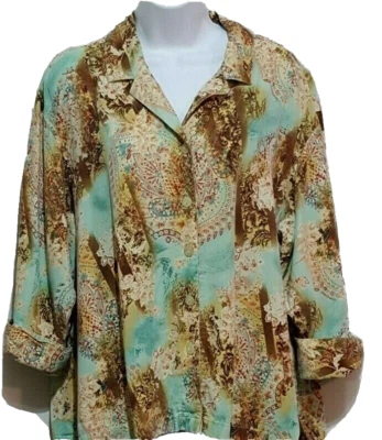 Top mujer TIANELLO S talla grande Aida Rayón Tencel floral verde manga 3/4 botón  Foto 1 de 4