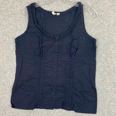 St Johns Bay Top Womens L Blue Scoop Neck Pintuck Button Front Cotton Blouse - Image 1 of 4