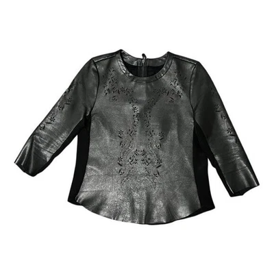 Dolce Vita Black Faux Leather Laser-Cut Top 3/4 Sleeve Peplum Detail Women's XS - Image 1 of 4