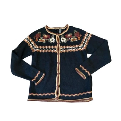 Cárdigan suéter vintage ERIKA para mujer negro floral bordado con botones talla S Foto 1 de 4