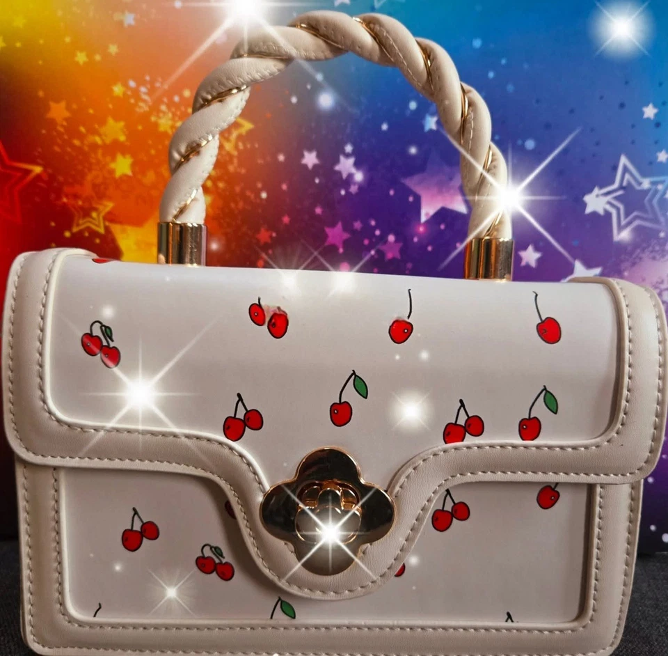 Novelty Handbag/shoulder W Cherries, White W Gold Accents - Image 1 of 1