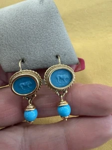 STUNNING Solid 14K Real Gold Ball Turquoise Leverback Dangle Drop Earrings - Picture 1 of 11