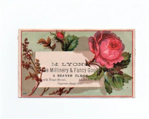 M. LYONS FINE MILLINERY & FANCY GOODS ALBANY, N. Y. VICTORIAN ADV TRADE CARD - Bild 1 von 2