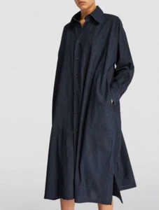 NWT Eskandar Size (2) DARK NAVY Cotton w/ Velvet Pinstripe 48" Long Shirt Dress - Picture 1 of 10