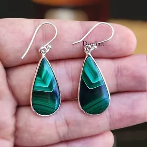 Malachite Gemstone Pear Shape Earring, Dangle Drop Silver Earring Gift for Her - Picture 1 of 9