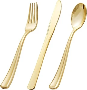 600 Pieces Gold Plastic Silverware - 200 Forks, 200 Spoons, 200 Knives - Picture 1 of 5