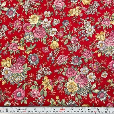 Vintage 1994 Sharon Kessler for Concord Florals on Red Cotton by the HALF YARD - Image 1 of 2
