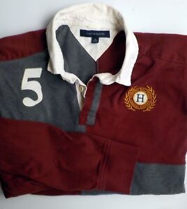 VTG TOMMY HILFIGER #5 Rugby Collar L/S Crest Logo Polo Shirt XL Gray,/Maroon