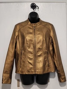 Baccini Metallic Gold Faux Leather Biker Motorcycle Bomber Jacket Women Sz M - Picture 1 of 12