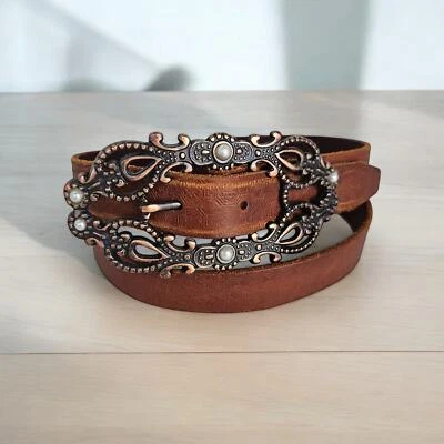 Linea Pelle Women's Antique Gold Filigree Faux Pearl Brown Leather Belt Size M - Image 1 of 4