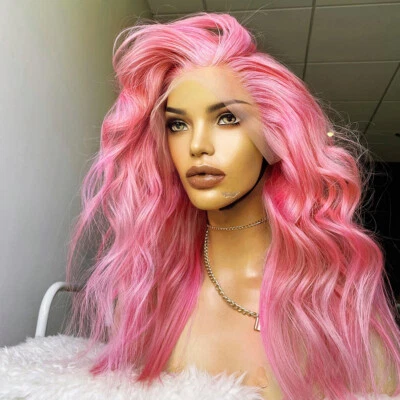Pink Wavy Lace Front Wigs 100% Remy Human Hair Pink Human Hair for Women 13x4 - Image 1 of 4