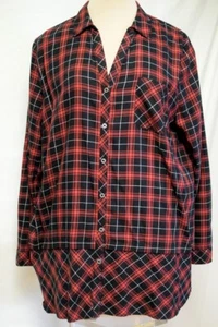 J Jill Brushed Cotton Black Red Plaid Tunic Top, Button Up Shirt-Curved Hem-XL - Picture 1 of 6