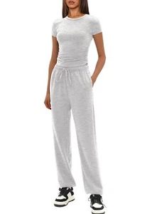 Women's Two Piece Outfits Short Sleeve Crop Top & Pants Lounge Matching Track... - Picture 1 of 6