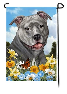 Bandera de jardín con flores de verano - Pit Bull Terrier azul y blanco sin recortar - Imagen 1 de 1