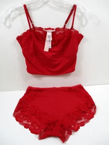 - Neu mit Etikett Victoria's Secret 2-teiliges bauchfreies Oberteil mit Schnürung + Booty Shorts Dessous Pailletten Gr. S - Bild 1 von 3