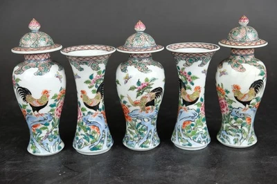 famille rose cockerel & rooster garniture vases Antique chinese porcelain Qing . - Image 1 of 4