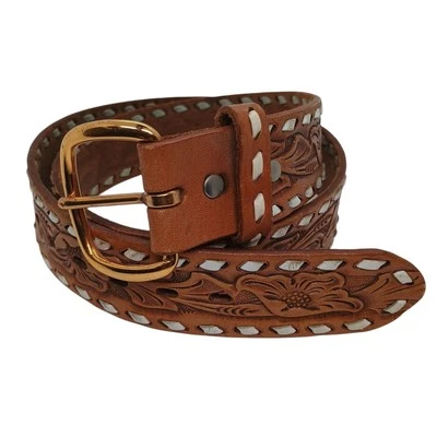 Western Genuine Leather Belt Hand Laced Floral Embossed Brown 32-36.5" - Image 1 of 4