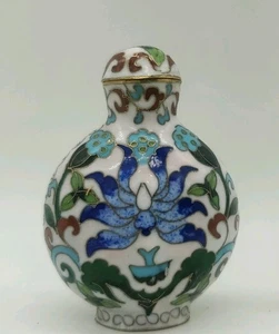 Cloisonne Schnupftabakflasche Blumenblatt groß blau Lotusblüte Vintage   - Bild 1 von 11