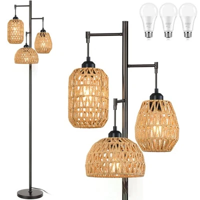 Boho Floor Lamp for Living Room Bedroom,Farmhouse Floor Lamps with 3 Rattan W... - Image 1 of 4