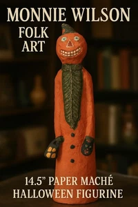 Retired Rare Monnie Wilson Halloween Paper Mache Pumpkin Man W Lantern & Cat 14" - Picture 1 of 12