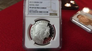 ARUBA Caribbean Netherlands Dutch  5 Florin 2013 Silver NGC PF PR 69 ROYAL VISIT - Picture 1 of 6