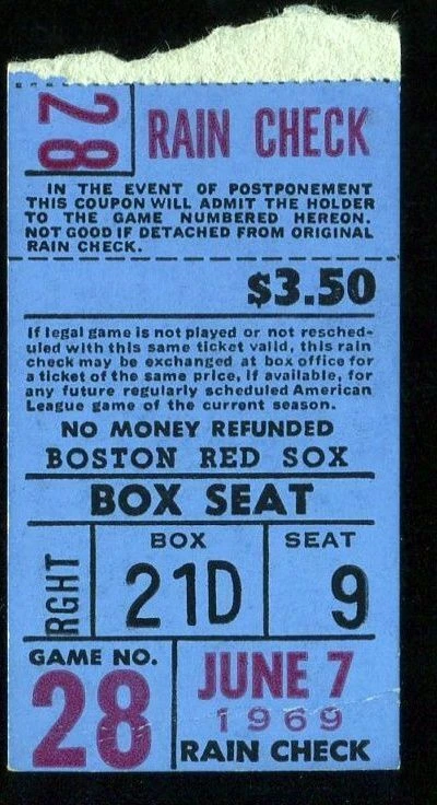 Boston Red Sox World Series Year 1969 6/7 Carl Yastrzemski Yaz Baseball Ticket - Image 1 of 1