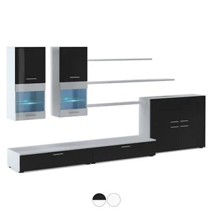 Mueble salón comedor moderno con Leds y vitrina, Blanco Mate y Negro, Beta - Imagen 1 de 9