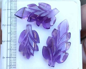 38.10 Cts NATURAL AMETHYST LEAF CARVING PEAR LOOSE GEMSTONE 3 PCS - Picture 1 of 3