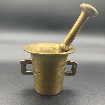 Antique Brass Mortar & Pestle, Heavy With Handles And Line Engraving • 36.19$