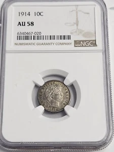 1914-P Barber Silver Dime AU58 NGC - Picture 1 of 3