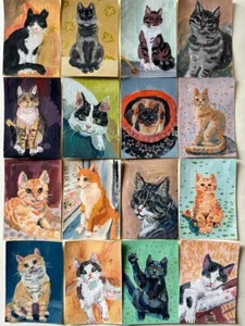 ACEO Original Painting Cats 16 Collection Animals Gouache Modern Paper Artwork - Picture 1 of 14
