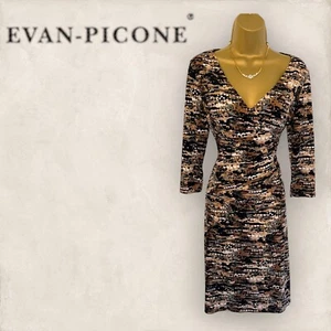 Evan Picone Womens Black Brown V Neck Faux Wrap Dress Sexy Party UK 10 - Picture 1 of 5