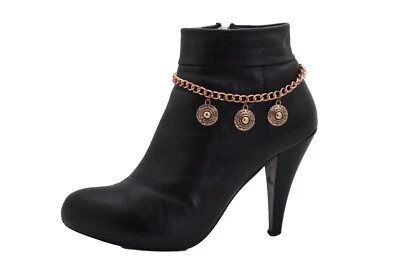 Women Rustic Rose Gold Metal Chain Boot Bracelet Shoe Ethnic Style Coin Charm - Image 1 of 4